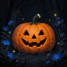 beautiful _ digital _ matte _ painting _ of _ whimsical _ dark pumpkin patch _ illustration _ black _ and _ blue _ flowers _ with _ fireflies _ enchanted _ dark _ background _ dark _ contrast _ by _ android jones