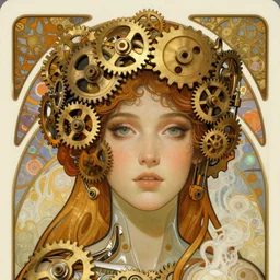 A close-up portrait of a beautiful female android wearing an intricate crown of gears by Alphonse Mucha, exposed inner gears, bright soulful eyes, steampunk, gears, steam, art nouveau card, concept art, wlop, trending on artstation