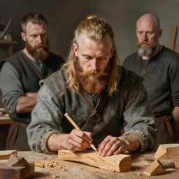 portrait of a handsome young viking woodcarver art by denys tsiperko and bogdan rezunenko and franz xaver kosler, hyperrealism