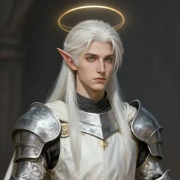 portrait of a young beautiful calm and pious male aasimar paladin with white hair a halo above his head wearing white vestments under armor, by Raymond Swanland Greg Rutkowski Lise Deharm, intricate, masterpiece, sharp, digital art, full head, ArtStation, CGStation, 8k