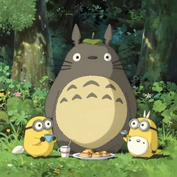 Totoro from my Neighbour Totoro, and 2 Minions are having breakfast together, in the style of Studio Ghibli, in a  forest clearing, happy, trending on art station