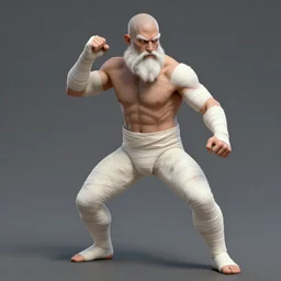 Full body Picture of a male monk, fighter, exposed torso, bandage on arms, marked muscles, white skin, bald, white long beard, brown eyes, detailed face, combat stance, D&D, by artgerm and Craig Mullins, James Jean, Andrey Ryabovichev, Mark Simonetti and Peter Morbacher, matte painting, trending on artstation, artstationHD, artstationHQ, octane, full HD, 16K