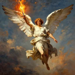 wartime propaganda piece featuring an angel holding a flaming sword, flying in the sky