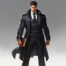 a highly detailed illustration of Daniel Matsunaga as serious detective wearing detective coat, dramatic standing holding closed book pose, muscular, intricate, elegant, highly detailed, centered, digital painting, artstation, concept art, smooth, sharp focus, league of legends concept art, WLOP