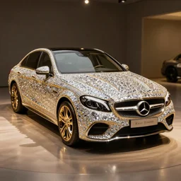 photography a very luxurious, golden mercedes studded with diamonds, premium,