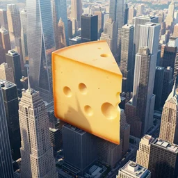 a chunk of cheese as large as a skyscraper standing next to regular skyscrapers in a big city, trending on artstation