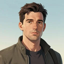 art of a scifi comic books style character portrait of a man in his 30s mixture between french, turkish and russian with short black hair with bangs, wearing a beige and black jumpsuit 4K Artstation HQ
