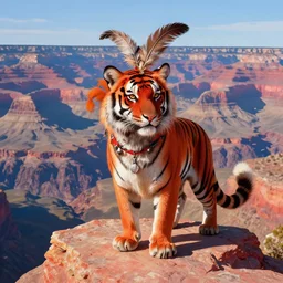 Red Tiger Tiger Fox Beast Chimera Hybrid collar wearing feather crest paws tail eyes furry fuzzy standing atop grand canyon greg rutkowski greg danton tony sart raymond swanland chris foss chris cold christophe norman rockwell young acrylic 4k artstation wikiart wikipedia realism tilt-shift aspca national geographic