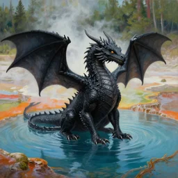 a black dragon sitting in pool of water, highly detailed oil painting of a colorful hotspring with forest backdrop, featured on artstation