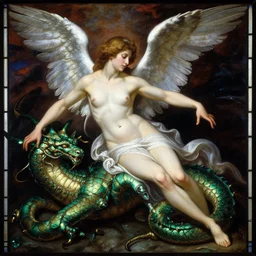 epic masterpiece full body  of a fallen angel fighting with a hydra, a stained class painting, beautiful face and flawless skin, perfect hands, emeralds by Edgar Maxence and Ross Tran and Michael Whelan