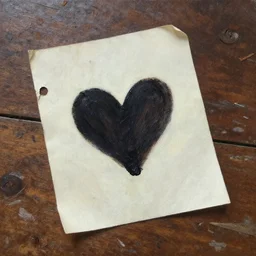 dark oil realistic painting a scrap of paper with a love heart on a withered wooden desk