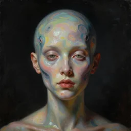 a neoclassicist close - up portrait of a an otherworldy person with hypersurrealist abstract features. iridescent reflective alien textures. foggy black background. highly detailed science fiction painting by norman rockwell, frank frazetta, syd mead and moebius. rich colors, high contrast, gloomy atmosphere, dark background. trending on artstation.