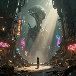 beautiful picture of an alien world with broken architecture, steampunk, ultra detailed, neon signs, a tiny girl watching on, elegant, trending on artstation, dramatic lighting, light rays and shadows, octane render directed by stanley kubrick
