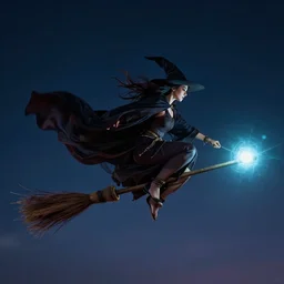 witch riding magical broomstick flies across the night sky, her robes flapping in the wind