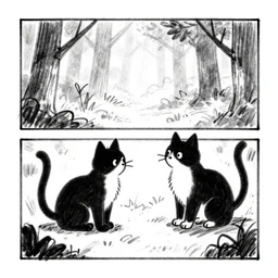 a storyboard sketch of two cats talking in the forest, black and white, rough sketch
