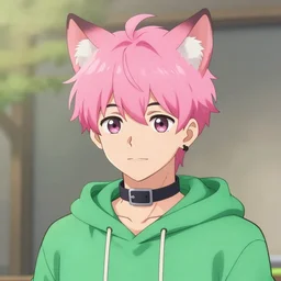 cute young anime man with pink hair and pink wolf ears wearing a collar and a green hoodie, artstation