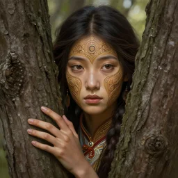 a sioux daughter of chief hiding behind a tree, intricate, highly detailed face, digital painting, artstation, concept art, smooth, sharp focus, illustration, unreal engine 5, 8 k, art by artgerm and greg rutkowski and alphonse mucha