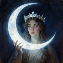 Artemixel, the modern reincarnation of the old selenium god of hunt and moon, also known as Artemis the Selene, carrying the celebrated Crown of the Crescent Moon, wich its usual bright and slightly bluish crescent like the brightness of the night. Portrait by Frank Frazetta, by Jeffrey Smith, by Zdzislaw Beksinski, by Paul Gustave Doré, oil on canvas