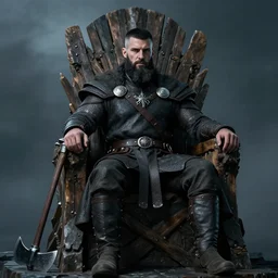 viking king, with black beard and short black hair, sitting on his wooden throne with his axe leaning on the side of the throne, looking forward, in a chill position, high detail, realism style art