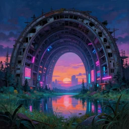 a beautiful ultradetailed painting of abandoned urbex unfinished building industrial architecture vault city architecture nature by alejandro aravena, hyperrealism neon noir anime bladerunner 2 0 4 9 at dusk universe lake vaporwave thermal vision sunset neon signs meadow forest darkacademia, archdaily, wallpaper, highly detailed, trending on artstation.