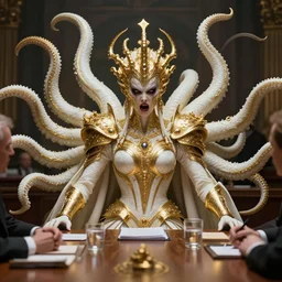 a photo of 8 k ultra realistic angry corrupted lovecraftian royal golden humanoid queen at a board meeting, 8 intricate white and gold tentacles, face enhance, ornate white and gold armour, cinematic lighting, trending on artstation, 4 k, hyperrealistic, focused, extreme details, unreal engine 5, cinematic, masterpiece