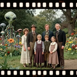 sharp, highly detailed, 131072k film, 84000mm film still from a sci fi blockbuster color movie made in 2019, set in 1860, of a family standing in a park, next to some strange alien plants and flowers, on an alien planet, the family are all wearing 1860s era clothes, good lighting, good photography, 8k, ultra high definition, in focus, 35mm macro