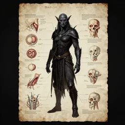 dissection poster of dark elf drow, scientific anatomy educational fantasy medical diagram safe for work