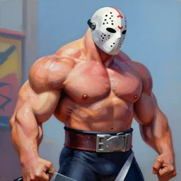 greg manchess mid shot portrait painting of powerlifter muscular jason voorhees from evil dead mortal kombat as overwatch character, medium shot, asymmetrical, profile picture, organic painting, sunny day, matte painting, bold shapes, muscular, machete, hard edges, street art, trending on artstation, by huang guangjian and gil elvgren and sachin teng