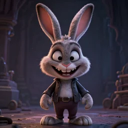 A extremely highly detailed majestic hi-res beautiful, highly detailed head and shoulders portrait of a scary terrifying creepy cartoon rabbit evil smiling standing up wearing pants and a shirt in the style of Walt Disney animation