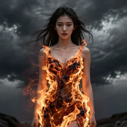 dress made of fire, japanese woman, solemn, female, rising from ashes, high detail, high contrast, extreme close up portrait, beautiful, bokeh, storm clouds, god rays, d & d, fantasy, elegant, red yellow orange white color palette, concept art, artgem, greg rutkowski, alphonse mucha