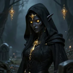 portrait of beautiful elf necromancer in graveyard, black hood, gloom, detailed face, black skin, glowy gold eyes, golden accessories, floating, science fiction, dnd, highly detailed, smooth, sharp focus, digital illustration, by artgem, rossdraws, sakimichan