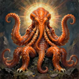 centered zoological portrait of orange cthulhu by drew struzan