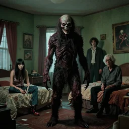 hyperrealistic cinestill of creepy monster entity creature standing in bedroom, 1 9 9 0 interior bedroom decoration, designed by guillermo del toro, michael hutter, junji ito, gantz, fangoria, hideo kojima, colorized. scp historical archives. david lynchian atmosphere. deep aesthetics of weirdcore