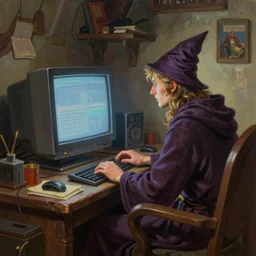 matte oil painting, wizard sitting at a gaming pc, as a dnd character, typing on a keyboard, big monitor, 9 0 s crt, inside a cluttered bedroom, cottagecore, extremely detailed, bookcover illustration, concept art, readability, smooth, sharp focus, art by brothers hildebrandt, art by alex grey