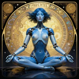 a cybernetic woman with blue skin and mechanical arms meditating over a puddle of outer space, rutkowski, alphonse mucha