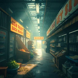 a wholesome animation key shot of a post apocalyptic super market interior, covered by nature hipster vibes by studio ghibli, animation, sharp, rendered in unreal engine 5, focused, anime key art by greg rutkowski, bloom, dramatic lighting