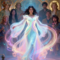 asymmetric action portrait, medium shot, maya ali wind sorcerer, luminescent, fantasy robe, colorful swirly magic ripples, unreal engine, smooth, pastel colours, by greg manchess, alphonse mucha, huang guangjian, gil elvgren, sachin teng, greg rutkowski, jesper ejsing, ilya kuvshinov