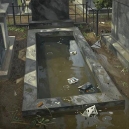 The painting shows a grave that has been flooded with water. The grave is located in a cemetery in Italy. The water in the grave is dirty and there is trash floating in it. The grave is surrounded by a fence.  by Paul Strand, by Gabriel Dawe curvaceous