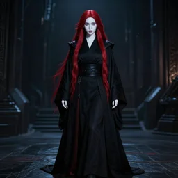 award winning professional cosplay photo of a beautiful female sith warrior with smooth porcelain white skin and long flowing red hair, wearing black robes with dark red highlights, in dark futuristic city, shadowy gothic aesthetic, cinematic full body portrait, centered composition, detailed, cinematic lighting, moody, nighttime, very dark