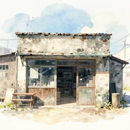 incredible screenshot, simple watercolor, soft bloom lighting, paper texture, movie scene, deserted shinjuku junk town, old pawn shop, bright sun bleached ground, robot lurks in the background, cyberpunk, animatronic, black smoke, pale  beige sky, junk tv, texture, strange, impossible, fur, spines,  mouth, pipe brain, shell, brown mud, dust, overhead wires, telephone pole, dusty, dry, pencil marks  hd, 4k, remaster, dynamic camera angle, deep 3 point perspective, fish eye, dynamic scene