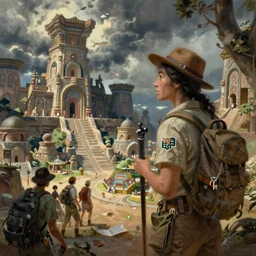 A beautiful concept art painting of an explorer discovering and ancient civilization by Natasha Tan, trending on artstation, dramatic lighting