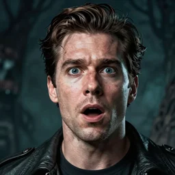 a highly detailed surprised man, comic book cover art, in the style of todd mcfarlane and jack kirby, with a haunting background, digital photography, photorealistic, realistic, extreme detail