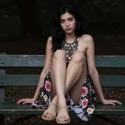 dslr photo of a pretty young woman, full bodied portrait, with black hair, sitting on a bench wearing a flower skirt, and body and wearing hemp sandals and a very detailed faerie necklace around neck, artgerm, artstation, very high quality face, intricate details, extremely high quality, moody lighting, real camera, real photo, photography by deviantart, 8 k, full subject in shot