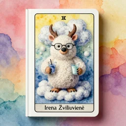A watercolor art of Mumintroll in shape of wool felting clouds with glasses, illustration by Irena Žviliuvienė, book cover, colorful background, 4k resolution, hugh detailed, matte painting, tarot card style, character design