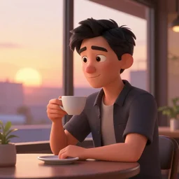 a man sitting on a café table mext to a window and holding a cup of coffee at sunset, Pixar style, black hair, 4K, cartoon, concept art, octane render, unreal engine 5, path tracing, complementary colours, serene scene, warm, cute, natural lighting, high quality, highly detailed, high coherence, defined face, five fingers, anatomically correct, soft lighting, close view, digital art, trending on DeviantArt