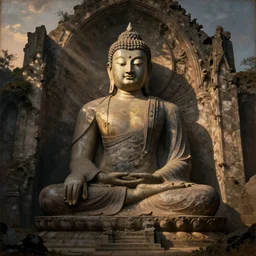 detailed matte painting of a budha sitting in gothic ruins, digital art, uhd, 4 k, stunning evening dusk sunlight dappled light and god rays, old master painting by hsiao, ron cheng, miho hirano,
