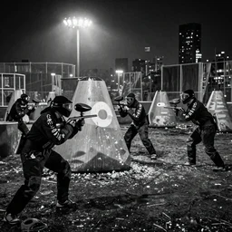 a black and white dystopian city where people are playing paintball with bright neon paints