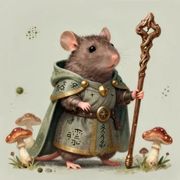 a rat wearing a dnd cleric's outfit, druidic runes, mushrooms and spores, soft portrait, complete with a tabard and suit of armor and intricate wooden staff, magical realism, rhads, ray swanland, gary chalk, ( rembrandt )