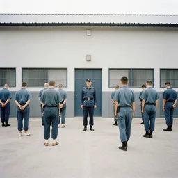 medium format film, portrait of prisoners in front of the prison with a general fight, 7 0 s, new york, photography, strange horror, unhealthy, sad, expired color film
