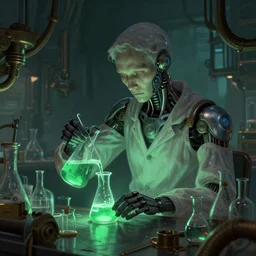 A cybernetic alchemist mixing their chemicals, foreboding mood, faint green light, 4k steampunk concept art